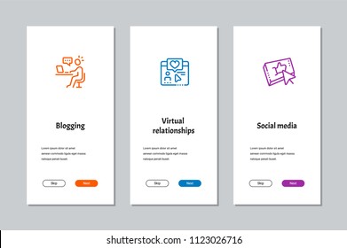 Blogging, Virtual relationships, Social media onboarding screens with strong metaphors