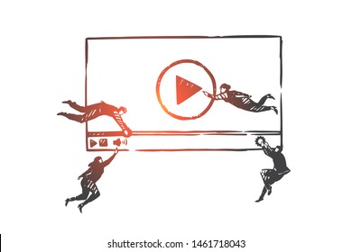 Blogging, vlog, smm, teamwork, coworking, partnership concept sketch. Business people flying and pushing video reproducting buttons on screen. Hand drawn isolated vector illustration