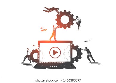 Blogging, vlog, smm, teamwork, coworking, partnership concept sketch. Businessmen carrying gears to big laptop screen. Hand drawn isolated vector illustration