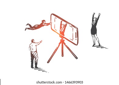 Blogging, vlog, smm, teamwork, coworking, partnership concept sketch. Business woman being shot by smartphone standing on tripod, colleagues directing and helping. Hand drawn isolated vector