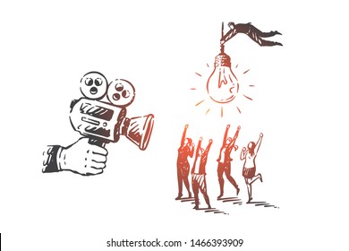 Blogging, vlog, smm, teamwork, coworking, partnership concept sketch. Business women being shot by movie camera, businessman flying with lamp. Hand drawn isolated vector illustration