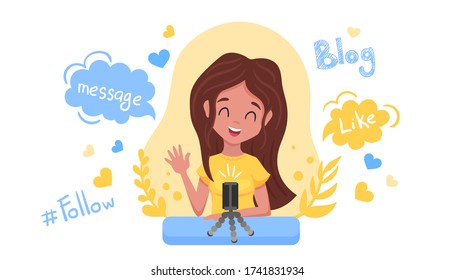 Blogging vlogging concept. Cute funny girl creating content and posting it on social media, blog or vlog. Smiling woman with smartphone isolated on white background. Vector Flat cartoon illustration