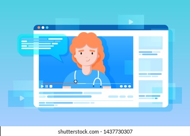 Blogging and vlogging. Cute female doctor bloggers creates video and posting it on social media, blog or web site. Flat vector illustration. Tele medicine, ask a doctor, online consultation