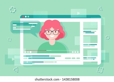 Blogging and vlogging. Cute funny girl or bloggers creates video and posting it on social media, blog or web site. Flat vector illustration.  influencer marketing concept - blogger promotion services