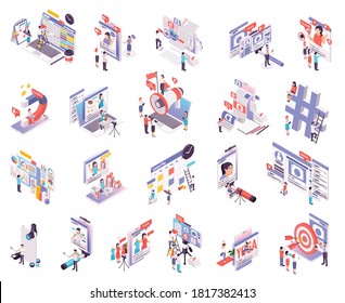 Blogging and vlogging isometric icons set of people making internet content for blog or vlog vector illustration