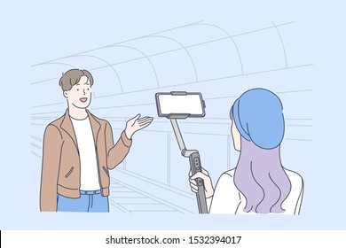Blogging and vlogging, live video streaming, influencer opinion concept. Blogger, vlogger shooting video at underground station, create engaging content and social sharing. Simple flat vector