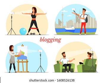 Blogging and vlogging set. Cartoon man and woman bloggers creating and posting video content in social media network. Internet communication. Profile accounting. Flat vector illustration