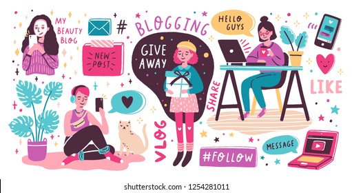 Blogging and vlogging set. Cute funny girls or bloggers creating content and posting it on social media, blog or vlog. Bundle of design elements isolated on white background. Flat vector illustration.