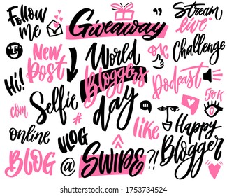 Blogging and vlogging set hand lettering and doodle elements. Vector phrases for creating content and posting for social media, blog and vlog. Bundle of design elements pink and black colors isolated 