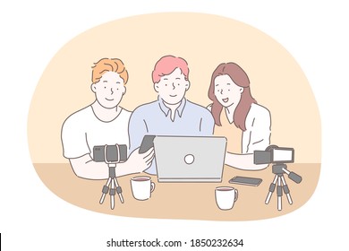 Blogging, vlogging, sharing video content online concept. Teen boys and girl cartoon characters sitting with smartphone cameras on tripods and laptop and preparing for recording video for sharing 