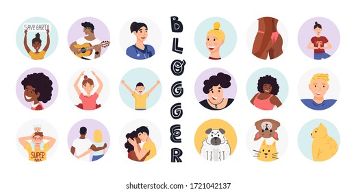 Blogging and vlogging sticker, avatar, highlights set. A lot of various persons and different age, ethnics, professions and interests and pets profile avatar too. Flat vector hand drawn illustration.