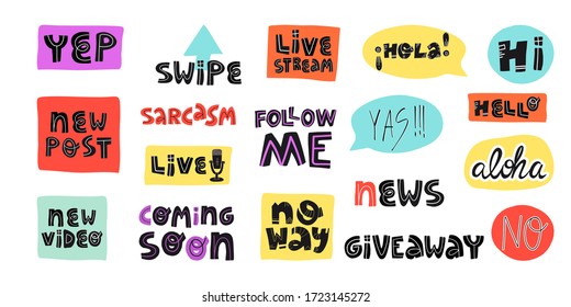 Blogging And Vlogging Sticker Set. Hello, Hola, Hi On Spanish, Coming Soon, Sarcasm, Yep, Yas, No Way,live, New Post, Video, Giveaway, No Way, Swipe, Live Stream And Others.