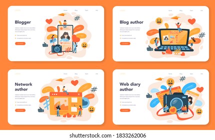 Blogging web banner or landing page set. Network author share content in the internet and get review. Feedback, communication and popularity idea. Isolated vector illustration in cartoon style