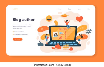 Blogging web banner or landing page. Network author share content in the internet and get review. Feedback, communication and popularity idea. Isolated vector illustration in cartoon style