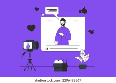 Bloguear concepto web con escena de personajes en diseño plano. Gente creando contenido para seguidores, grabando video en blogs, transmitiendo en estudio. Ilustración vectorial para material de marketing en medios sociales.
