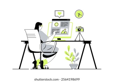 Blogging web concept with flat cartoon people for website design. Woman work as blogger, writing article and making new informational posts in blog, communicating with followers. Vector illustration.