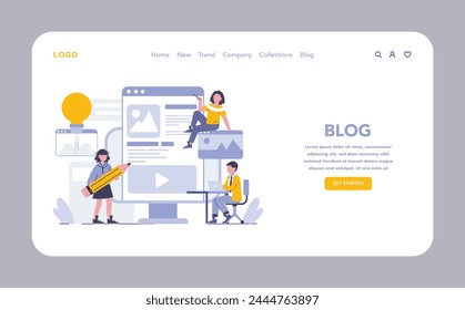 Blogging web or landing page. Creative content creation and sharing ideas through personal blogs. Visual storytelling and online influence. Vector illustration.