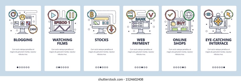 Blogging web site and mobile app onboarding screens. Menu banner vector template for website and application development. Thin line art flat style.