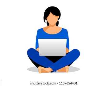 The blogging: woman is working on laptop. Female blogger, worker, freelancer is sitting on floor with device. Work in social media.