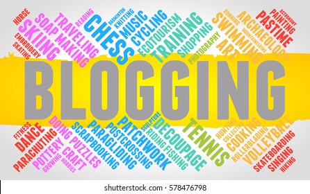 Blogging. Word cloud, multicolor font, yellow stripe, grey gradient background. Hobby.