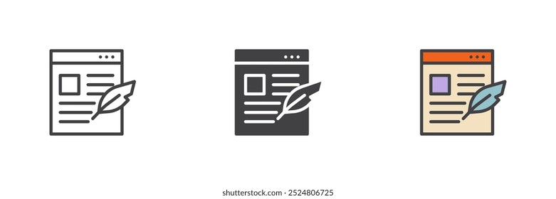 Blogging, write post different style icon set. Line, glyph and filled outline colorful version, outline and filled vector sign. Web page and quill pen symbol, logo illustration. Vector graphics