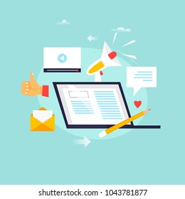 Blogging ,writing articles, copywriting, tutorials, seminars, education. Flat design vector illustration.