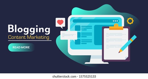 Blogging, Writing Content, Content development, Marketing - flat design vector banner with icons and texts