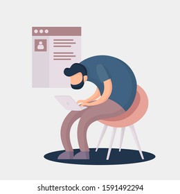 Blogging, writing, freelancing, content creation concept. Blogger character. Blogging activities. A handsome male blogger working on his laptop making content for his blog. Flat vector illustration.