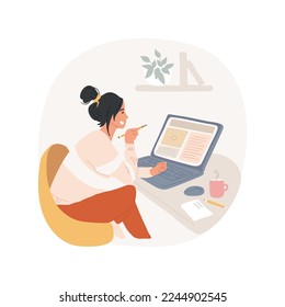 Blogs isolated cartoon vector illustration. Young girl reading online blogs via laptop and drinking coffee, getting new knowledge, people lifestyle, mental development vector cartoon.