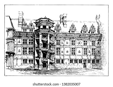 Blois Palace, un ejemplo de arquitectura renacentista, departamento en el Valle del Loira, emblemas y escudos de armas del palacio, dibujo vintage de líneas o ilustración grabadora.