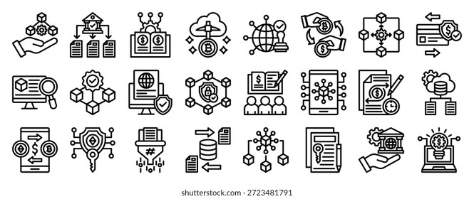 Conjunto De Coleta De Ícones De Rede Blokchain. Limpar Ícones de Vetor de Contorno