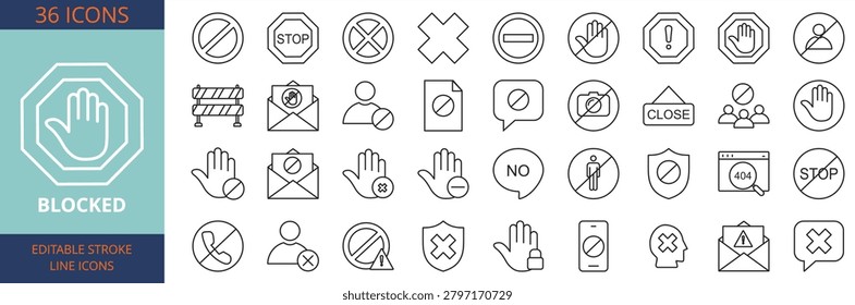 Bloked web banner icon set outline multistyle vector illustrations concept with icon block, ban, reject, spam, risk, warning, error, stop, close