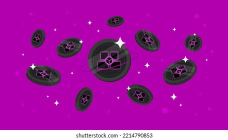 Bloktopia (BLOK) coins falling from the sky. BLOK cryptocurrency concept banner background. svg