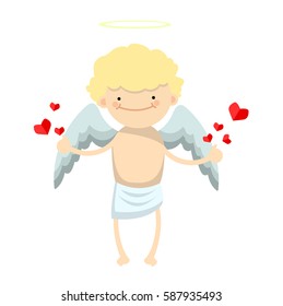 Blond angel boy, cartoon character with red hearts on white background