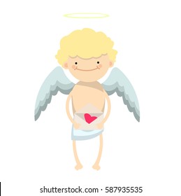 Blond angel boy, cartoon character with mail with red heart on white background