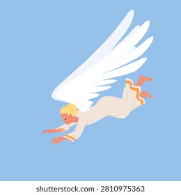 Blond angel in white robe flying with outstretched arms on blue background vector illustration