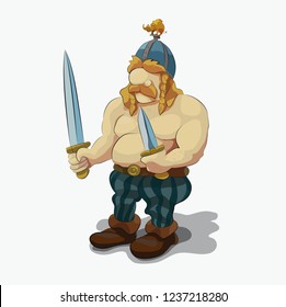 Blond barbarian armed with a sword and knife vector illustration.