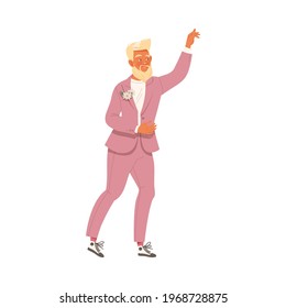 Blond Bearded Bridegroom as Newlywed or Just Married Male Wearing Evening Suit Dancing Vector Illustration