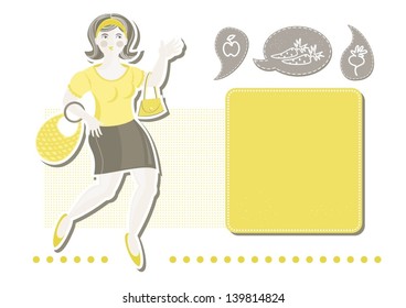 blond beautiful caucasian type woman with purse and bag planning grocery shopping with talk bubbles with vegetables and two frames with place for your text cartoon illustration on white background