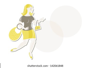 blond beautiful caucasian type woman with purse and bag going shopping with gray round bubbles with place for your text cartoon illustration on white background