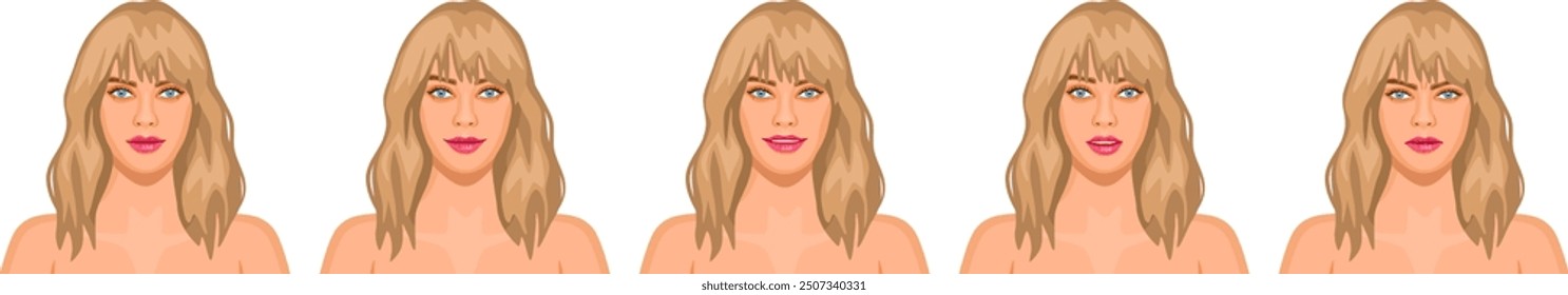 Mujer rubia hermosa con diferentes expresiones faciales. Conjunto de avatar femenino con variedad de emociones.