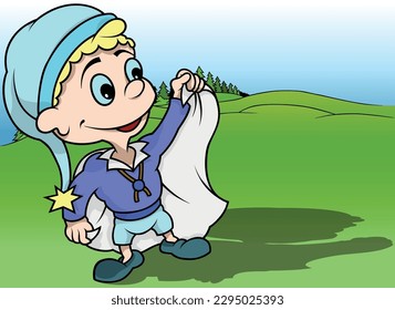 Blond Blue-eyed Dwarf with Smile in Blue Clothes - Colored Cartoon Illustration with Background, Vector