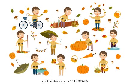 A blond boy in an autumn jacket plays with leaves, launches a paper boat, rides a bicycle, carries pumpkins and has fun in the fall. Cute Vector Illustration