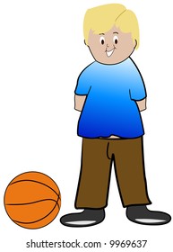niño rubio con baloncesto - ilustración vectorial