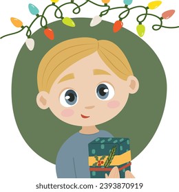 Niño rubio con ojos azules ilustraciones vectoriales , caja de regalo de vacaciones con luces coloridas , estilo de dibujos animados planos , niños lindos feliz Navidad o regalo de cumpleaños , celebración .Para diferentes usos de diseño.