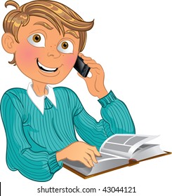 Blond boy in blue sweater and phone and book