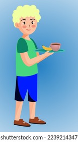 blond boy carries coffee and banana on a tray