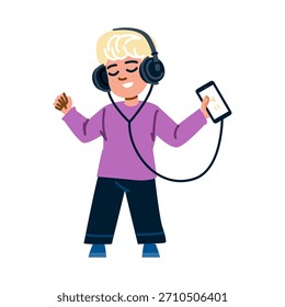 Blond boy dancing with wireless headphones and a smartphone showing a play pause icon, smiling and carefree while enjoying music and modern digital entertainment on white background