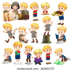 Blond boy doing different activities illustration