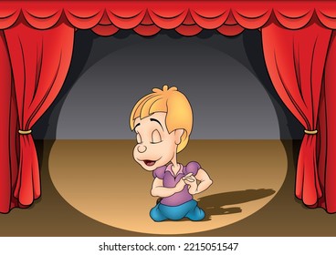 Blond Boy with a Dreamy Face Kneeling on the Stage - Colored Cartoon Illustration with Background, Vector